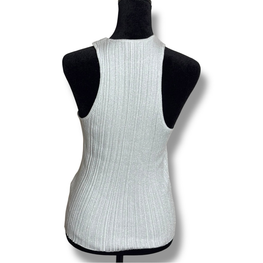Madewell Blue/Silver Shiny Fitted Sleeveless Ribbed High Neck Racerback Tank Top - Picture 7 of 16